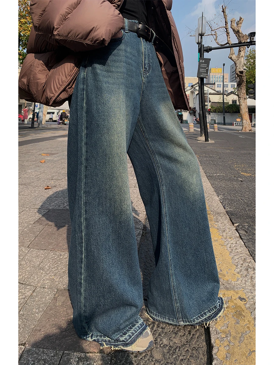 

Свободные джинсы с широкими штанинами, высокой талией, винтажные, из денима, для женщин, осенняя мода, премиум-класс