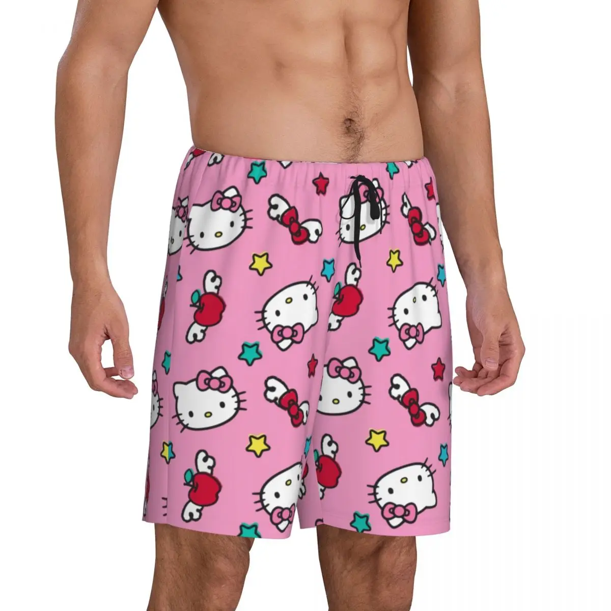 Custom Pink Bow Animated Anime Hello Kitty Pajama Shorts Men's Sleepwear Lounge Bottom Stretch Sleep Short Pjs with Pockets