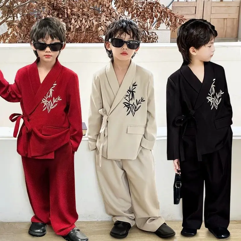 Spring/Autumn New Chinese Boys' Hanfu Ancient Blazer Suit Set Embroidered Children's Coat Pants Tang Costume Performance LI773
