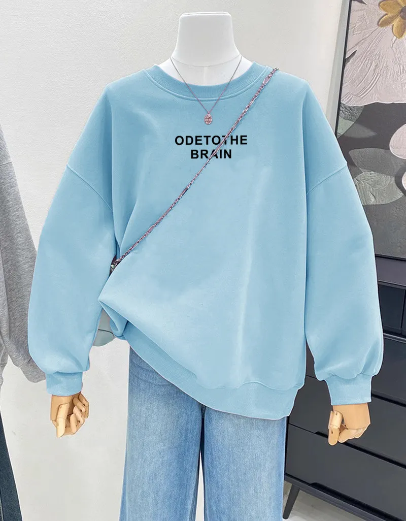 Simple English ODE TO THE BRAN Hoodie for Women, Round Neck Loose Solid Color Casual Long Sleeved Top