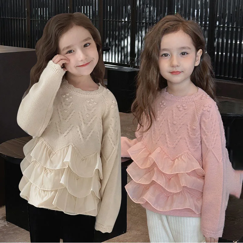 

2-8Y Girls Autumn Knitwear 2025 New Fashion Long Sleeve Solid Color Lace Tulle Sweater Kdis Winter Warm Outerwear Sweater