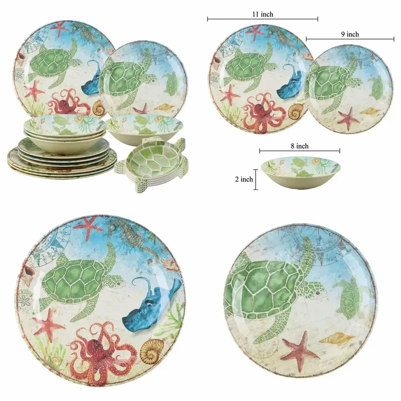 for Slattery 16 Piece Melamine Tableware Set Luxury Turtle Design with Starfish Octopus and Seahorse Suitable for Wedding