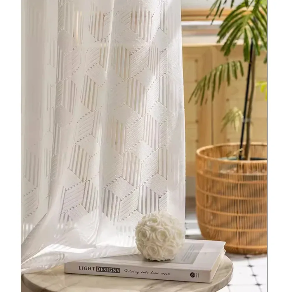 

Modern French Geometric Lace White Sheer Curtains for Living Room Bedroom Balcony Minimalist Children's Room Custom Size