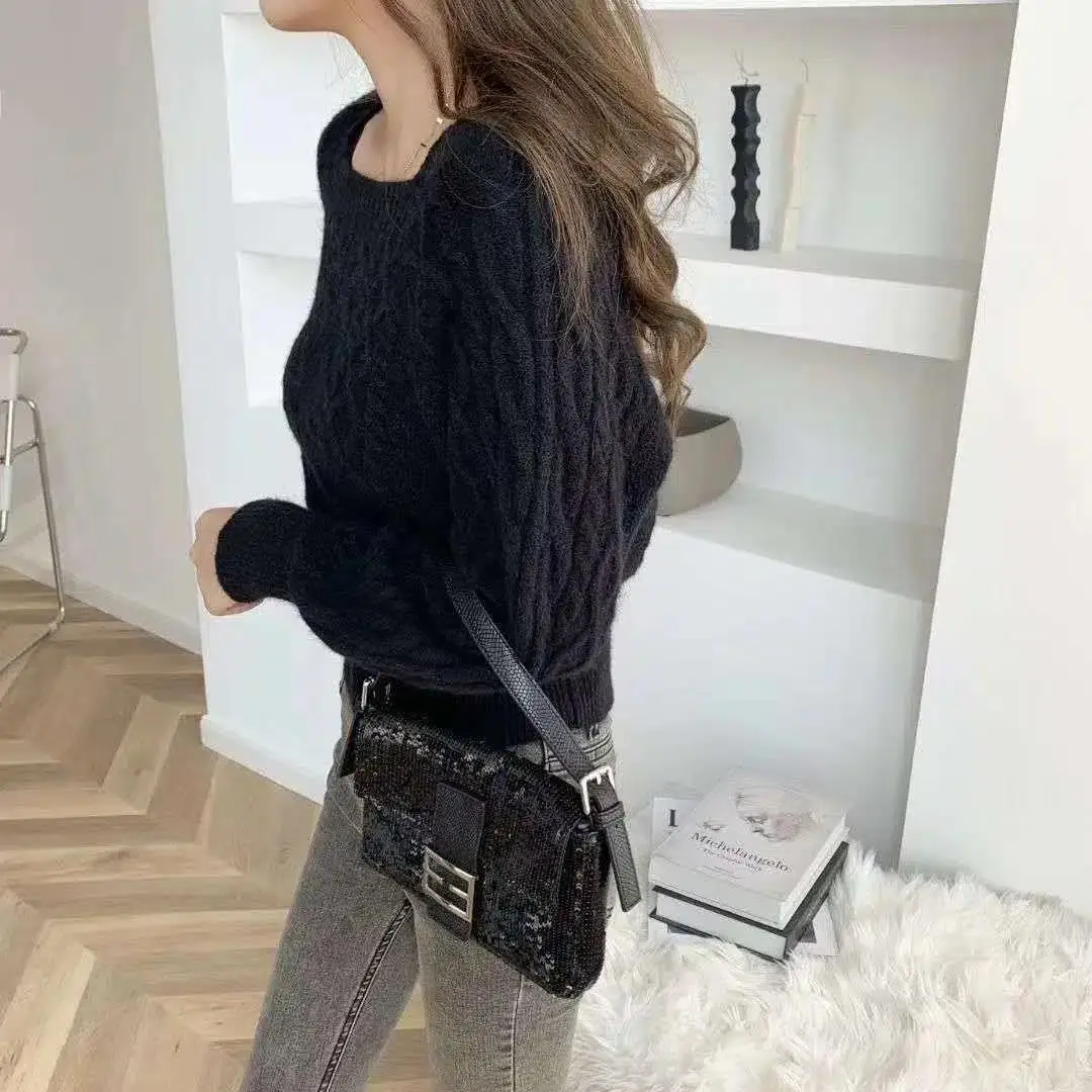 2023 Autumn and Winter Women\'s Fashion Elegant Square Neck Long Sleeve Solid Short Sweater Comfortable and Versatile Top