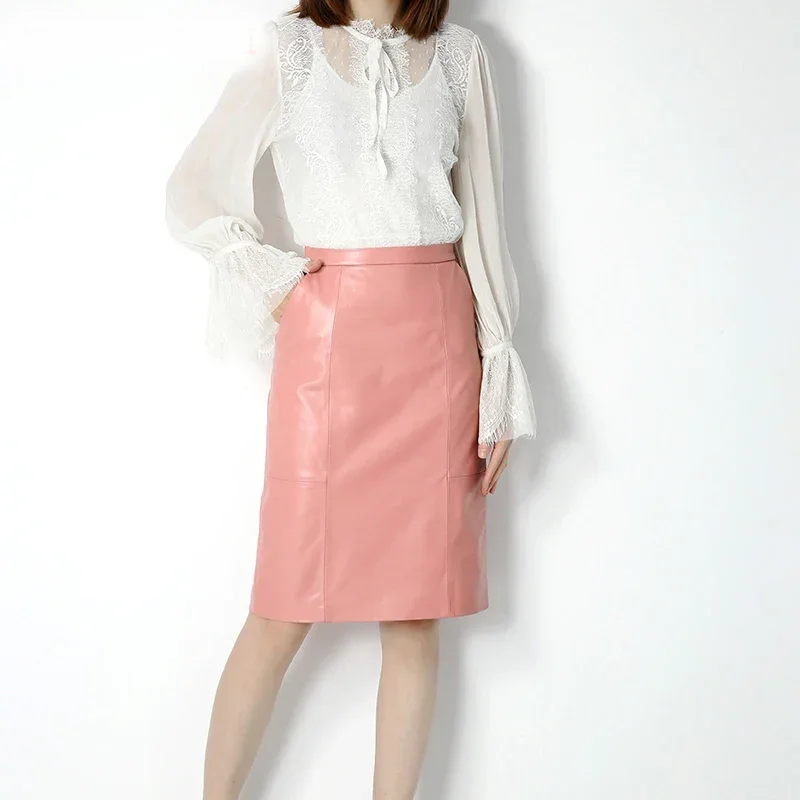 

Spring New Genuine Leather Midi Long Wrap Skirt Ladies Elegant Simple Dark Green/Black/Pink/Blue Sexy Jupe Mujer Saia