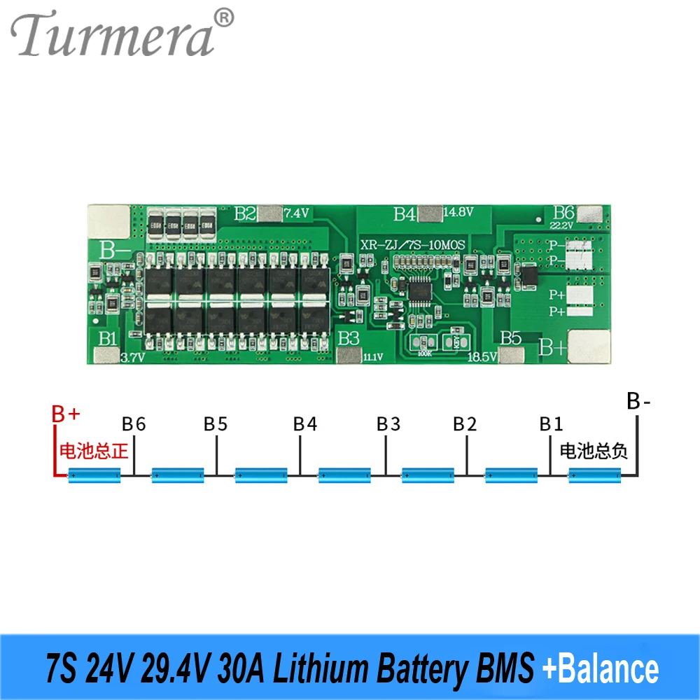 Turmera 24V 29.4V Battery Storage Box 18650 7S3P Holder 30A Balance BMS Welding Nickel Use in Electric Bike or Replace Lead-Acid