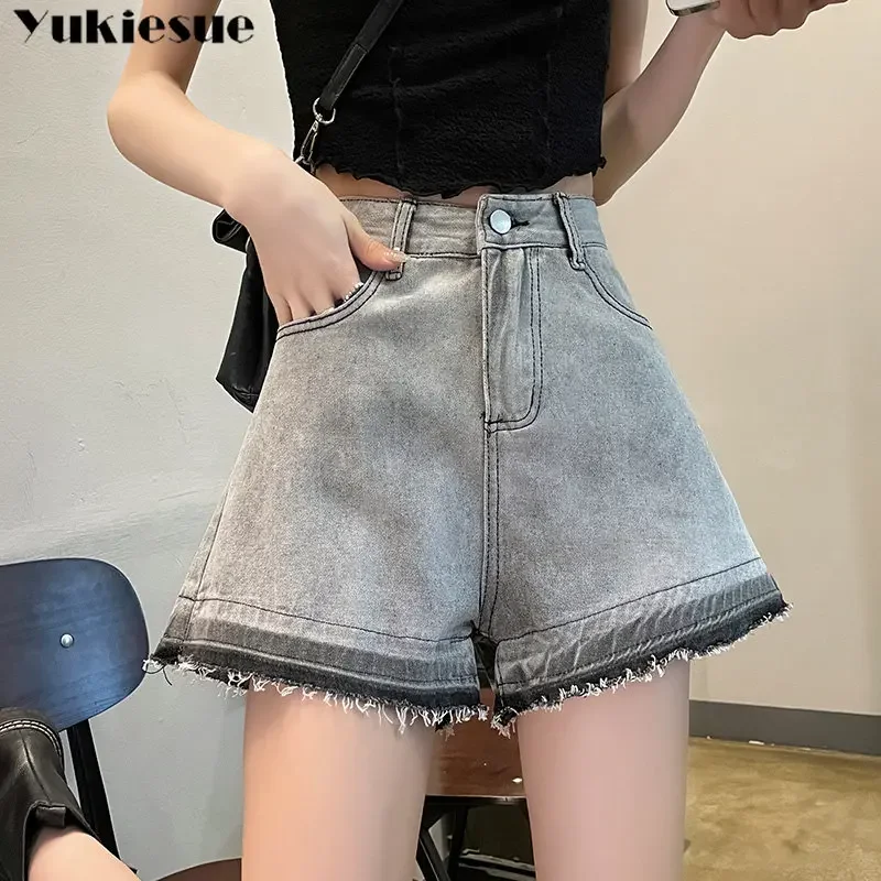 

Корейский стиль, трапециевидные шорты Ulzzang, винтажные универсальные модные уличные однотонные обжимные шорты, джинсовые женские шорты с высокой талией, простые универсальные