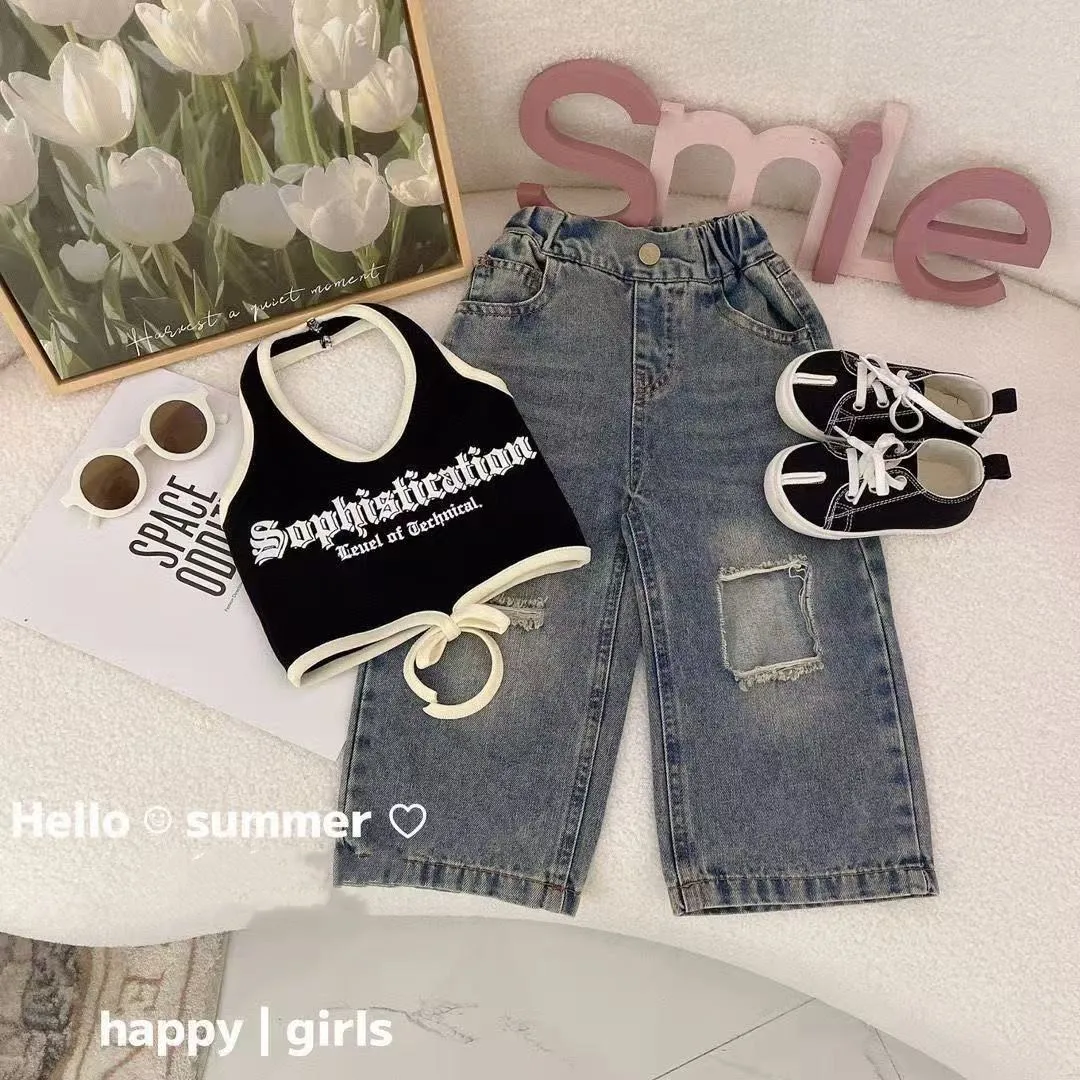 

2026 New Girls Summer Set With Stylish Children's Camisole Vest and Ripped Jeans Two-piece Set Kids Outfits