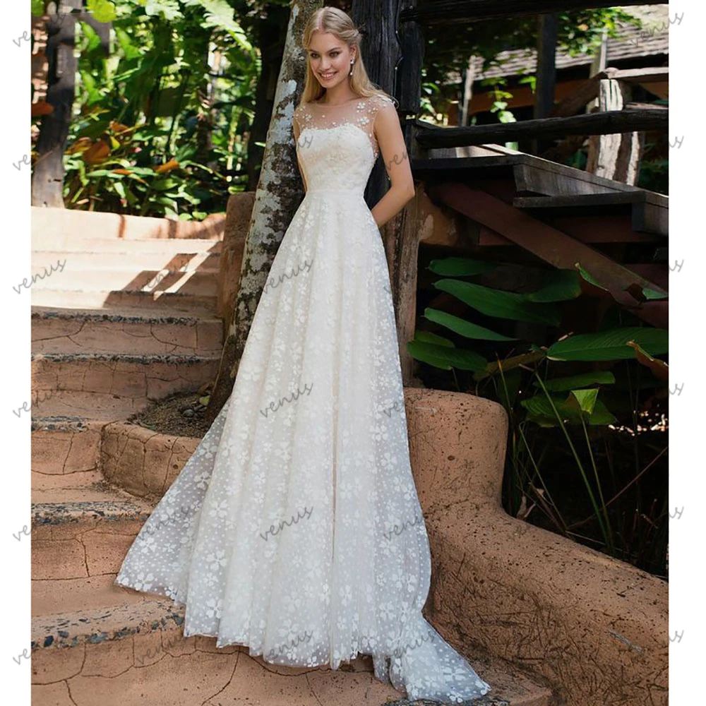 فساتين زفاف رائعة A Line دانتيل زي العرائس بدون أكمام بدون ظهر للحفلات الرسمية Vestidos De Novia مخصصة 2025