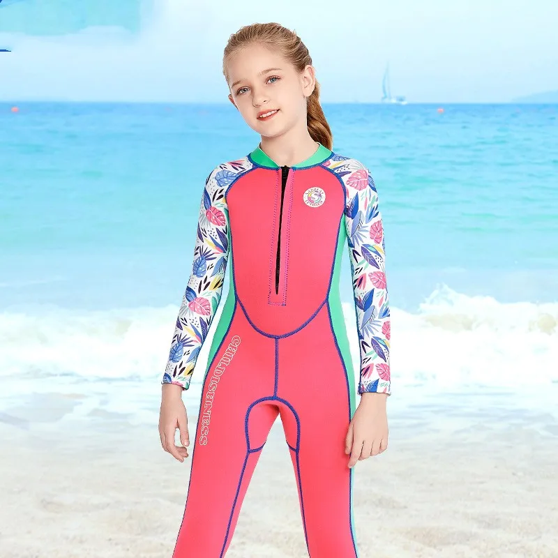 Children\'s 2MM Neoprene Wetsuit One-piece Long-sleeved Summer Diving Suit Sunscreen Cartoon Surfwear Swimsuit For Girls Swimwear