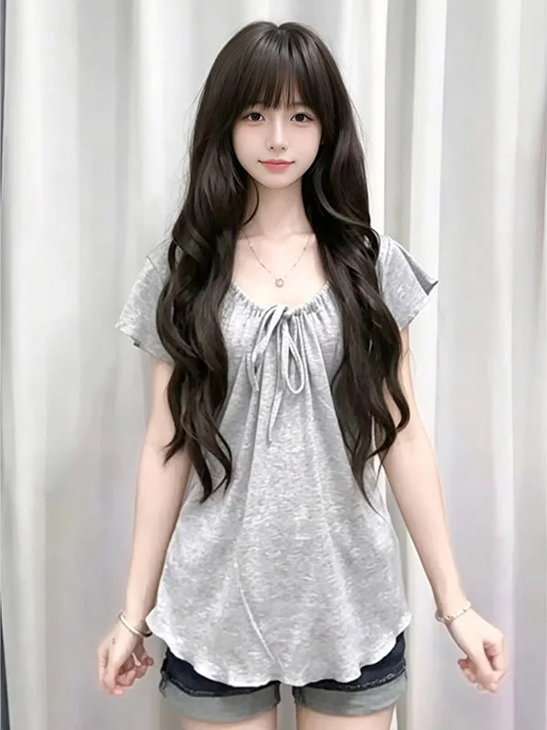 Korean Style Sweet Pleated Belted Short Sleeve T-Shirt Women Summer Loose Fit Waist Cinching Slimming Grey Top