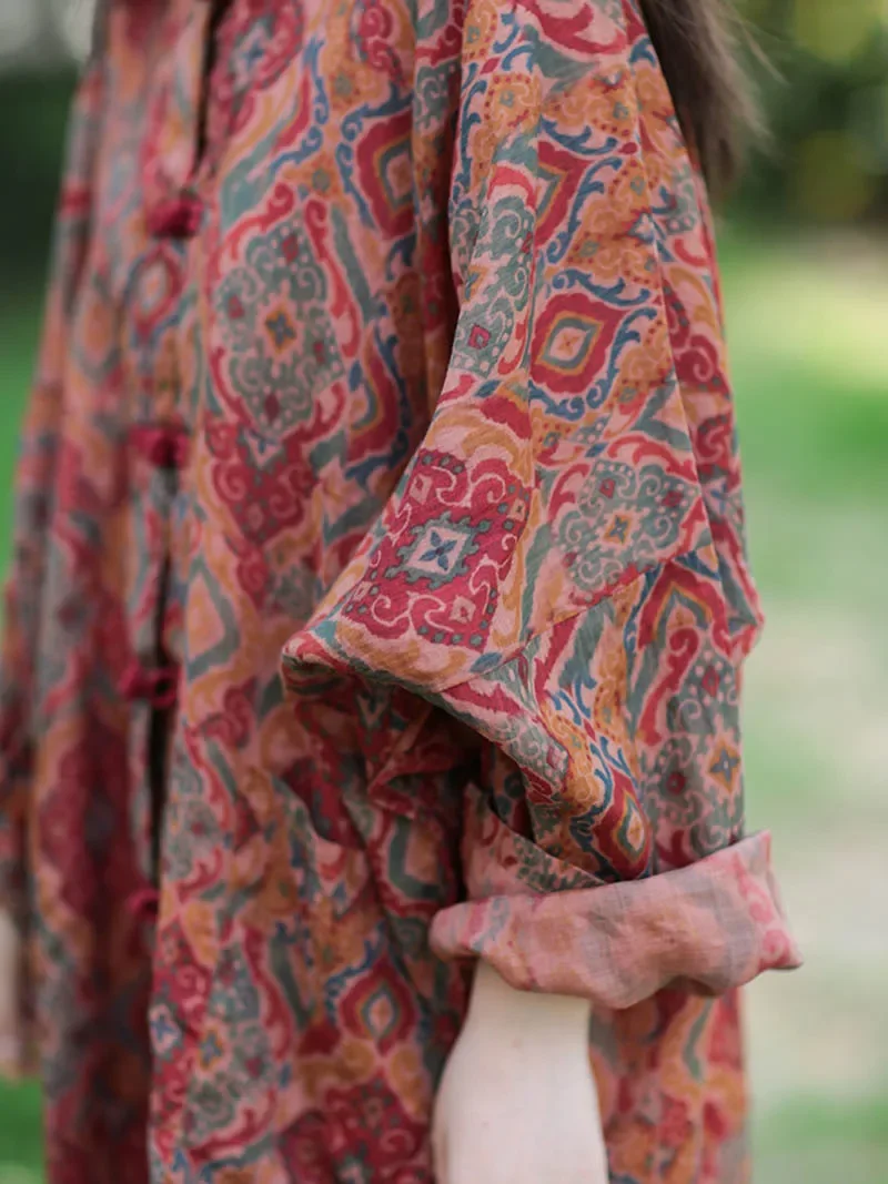 レディースルーズ単層ラミー長袖シャツ単列カエルボタンプリントショートジャケットヴィンテージファッション初秋