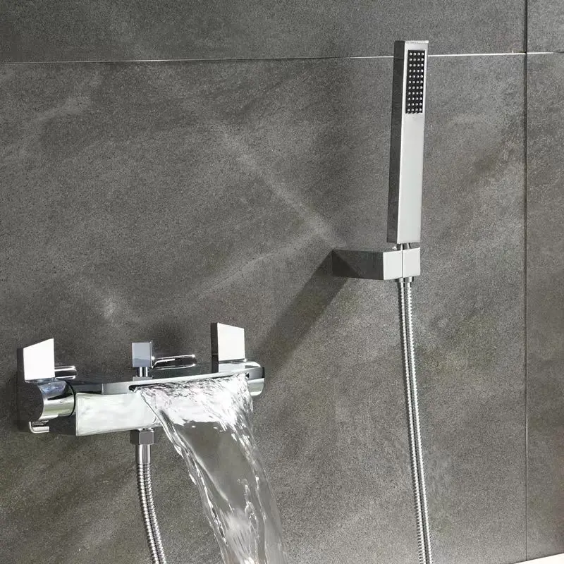 Geborsteld goud badkuipkraan messing wandmontage badkamer douchekraan mengkraan met handdouche waterval uitloop bad doucheset