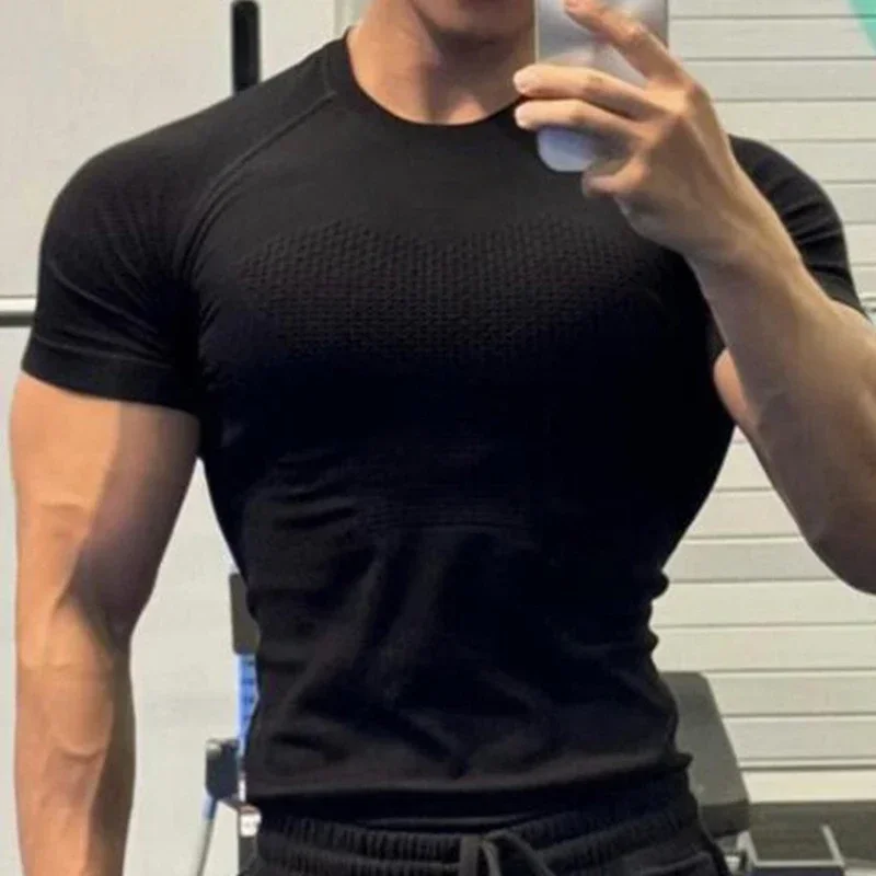 Summer Men Compression Gym Running T Shirt Breathable Short Sleeve T-Shirt Man Casual Tops Seamless Fitness Shirts Man Clothes image 2