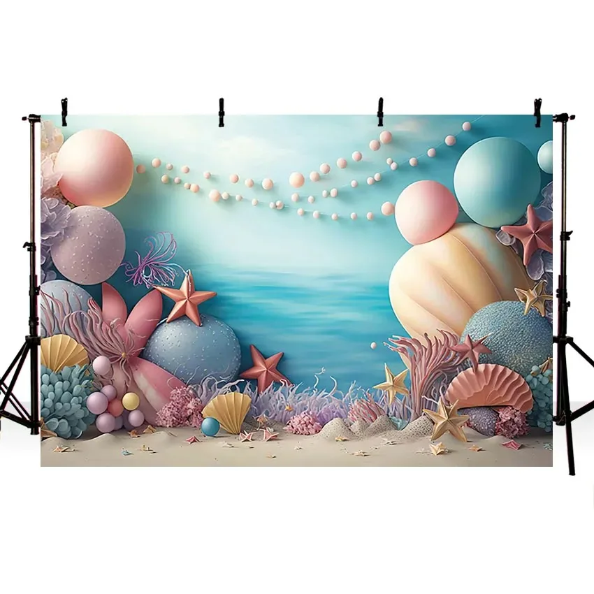 Fond de photographie sous la mer, décor de portrait de fille, toile de fond de studio photo, lieu de fête d'anniversaire, sirène et coquillage, perle