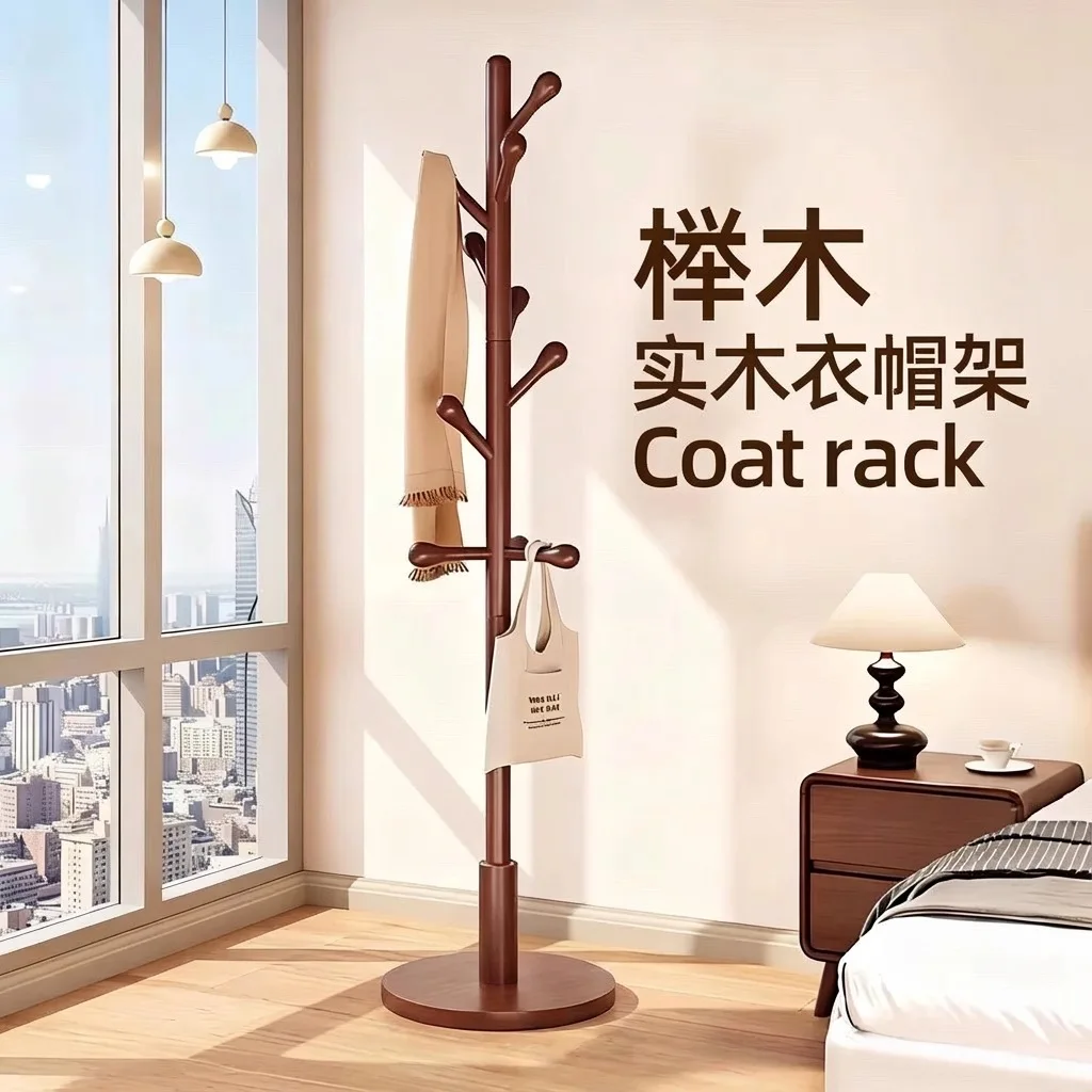 無垢材コートラック、寝室用自立型洋服掛け、シンプルな直立型ブナ材バッグハンガー、大学寮用