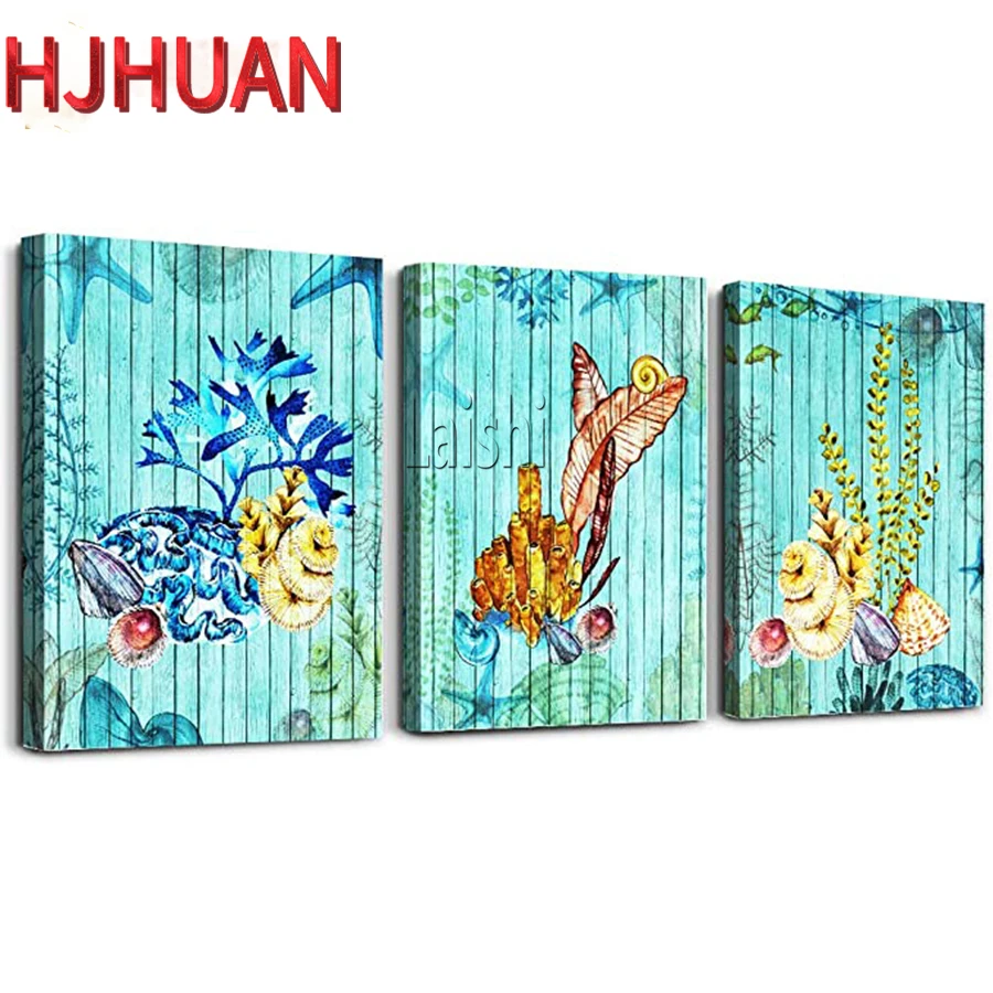 Marine Animals Diamond Painting, Turtles, Seaweed, Full Square and Round, Mosaic Cross Stitch, Rhinestone Painting Decor, 3Pcs