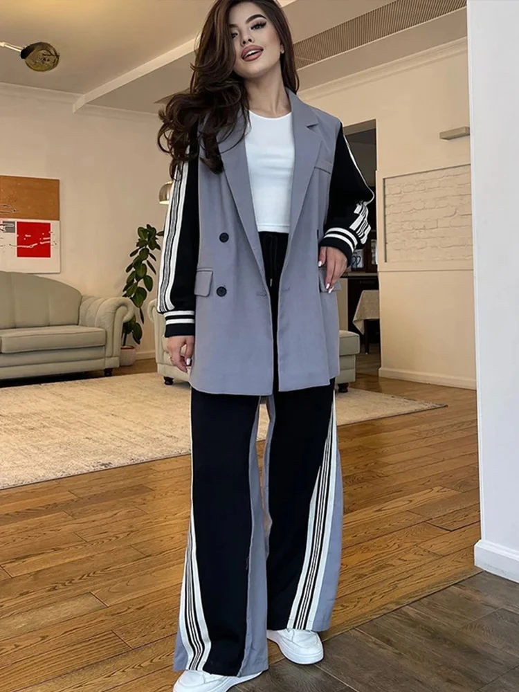 

Striped contrast coat Pants suit Women's spring double-breasted lapel long-sleeved sport coat Wide leg flat suit for women