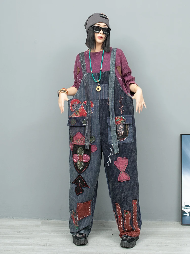 

New Fashion Embroidered Appliqué Old Cloth Stitching Wide-legged Strap Trousers Women's Autumn High-waisted Streetwear Jumpsuit