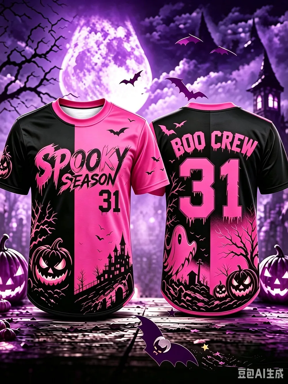 Rosa-Schwarzes geteiltes Halloween 3D-gedrucktes Jersey T-Shirt „Spooky Season Boo-Crew 31“ mit Kürbis-, Geister- und Fledermaus-Motiven, Gothic-Herbst-Party-Sport-T-Shirt – Detail 2