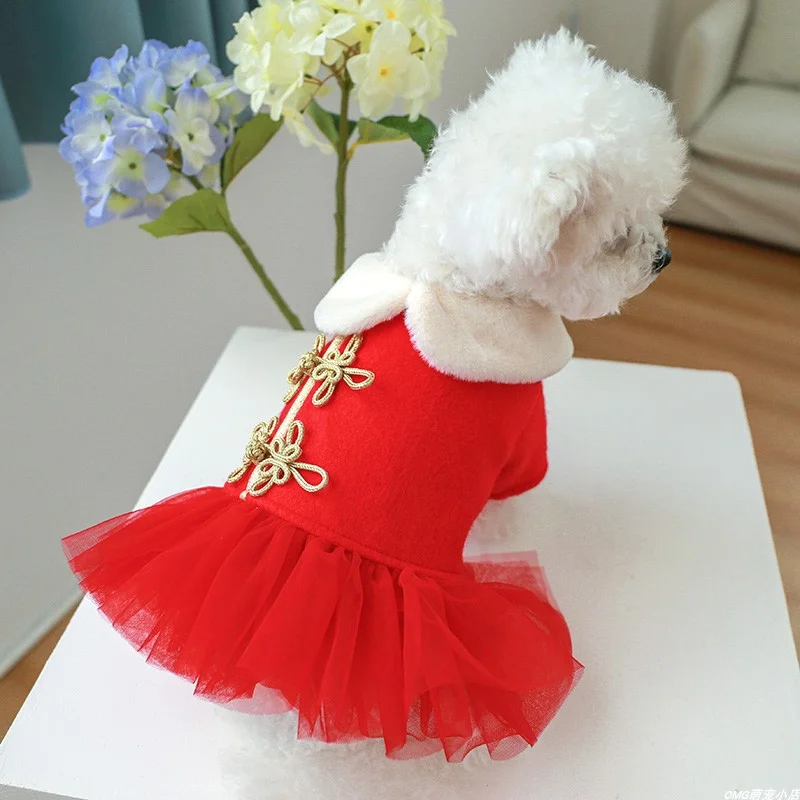 1PC Pet Cat Clothing Autumn Winter Thickened New Year Red Chinese Style Princess Dress Suitable for Small and Medium sized Dogs