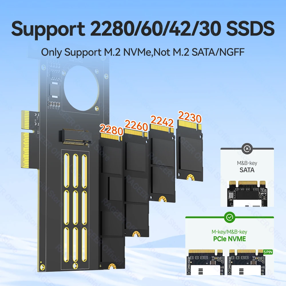 RAGEER PCIe 5.0 M.2 NVMe 어댑터-128Gbps 대역폭, 2280/60/42/30 SSD와 호환, PCIe 4.0/3.0/2.0과 호환