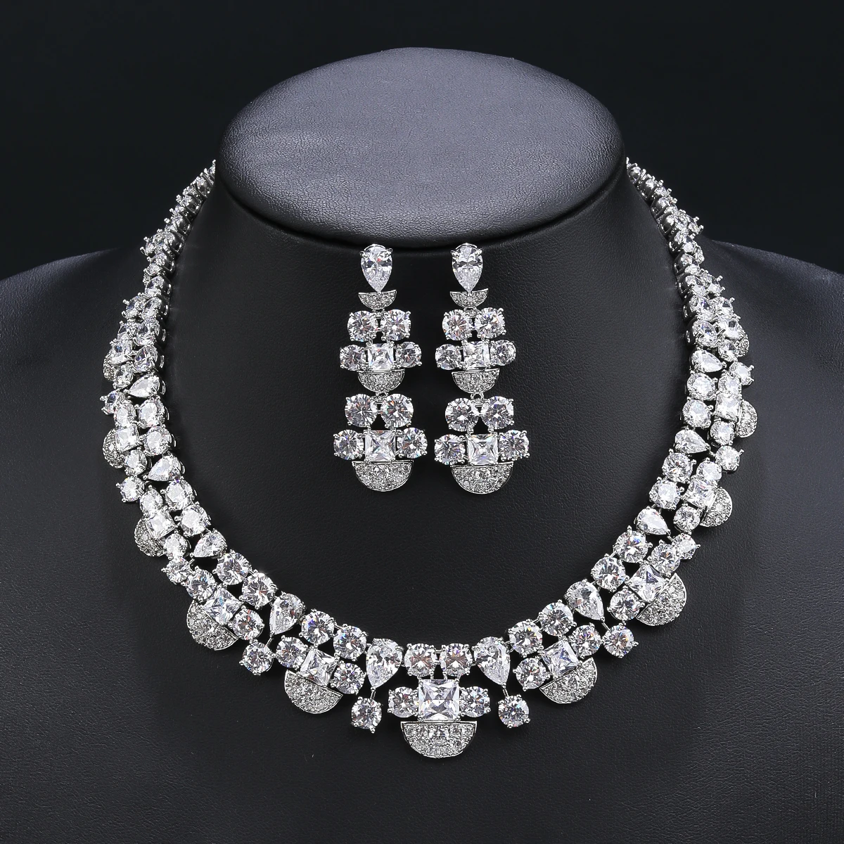 Women's Baroque Style Cubic Zirconia Statement Bridal Wedding Necklace Earrings Set Costume Accessories Jewelry CN11326