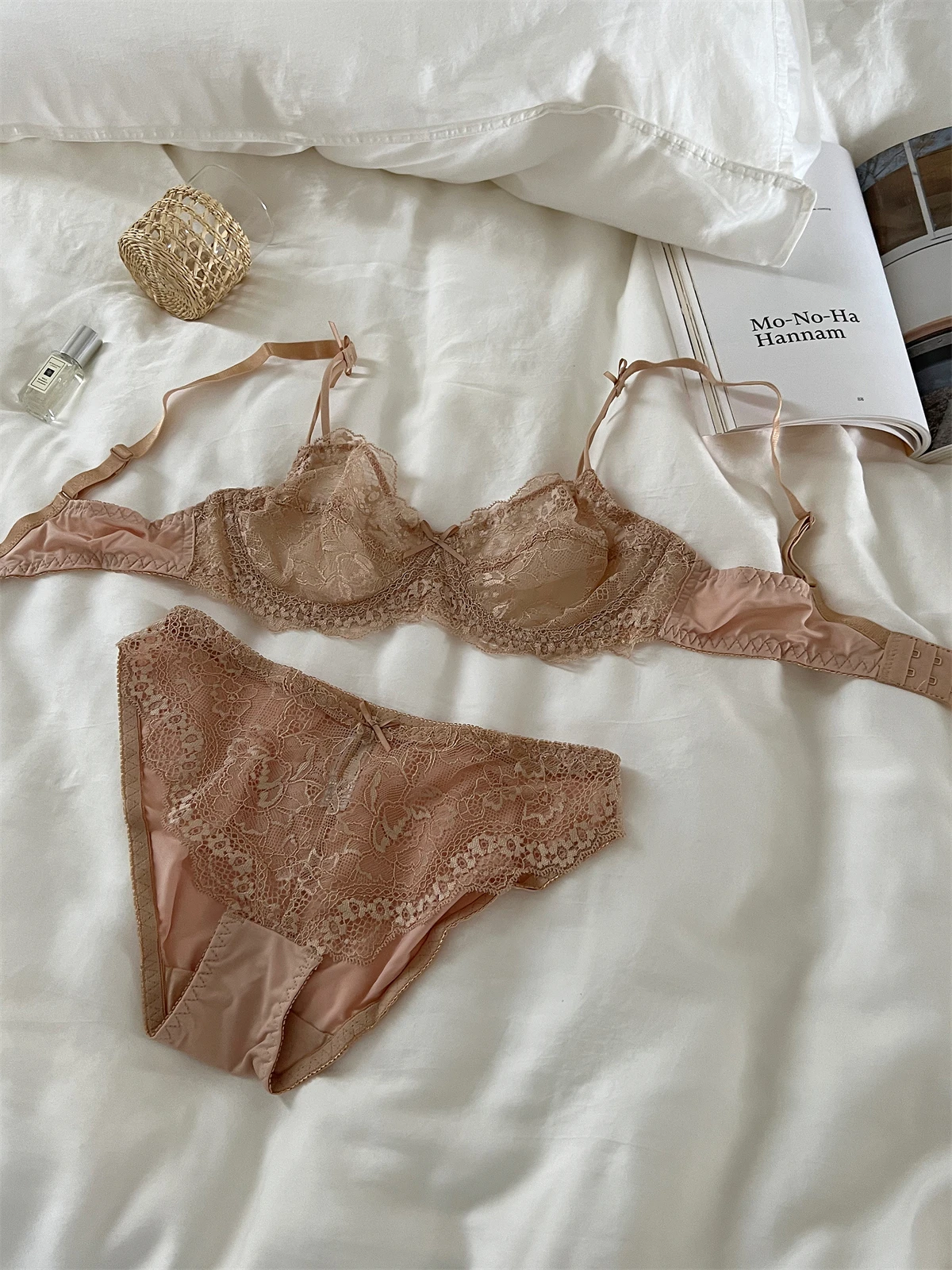 Thin section of large breasts underwear sexy lace adjustment gathered lingerie hollow with steel ring bra set