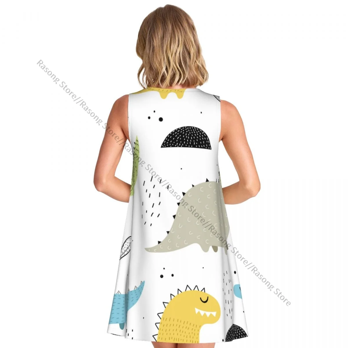 ชุดสตรีฤดูร้อนชุดลําลองเสื้อยืดชายหาดการ์ตูนไดโนเสาร์ชุดถังสีสันสดใส