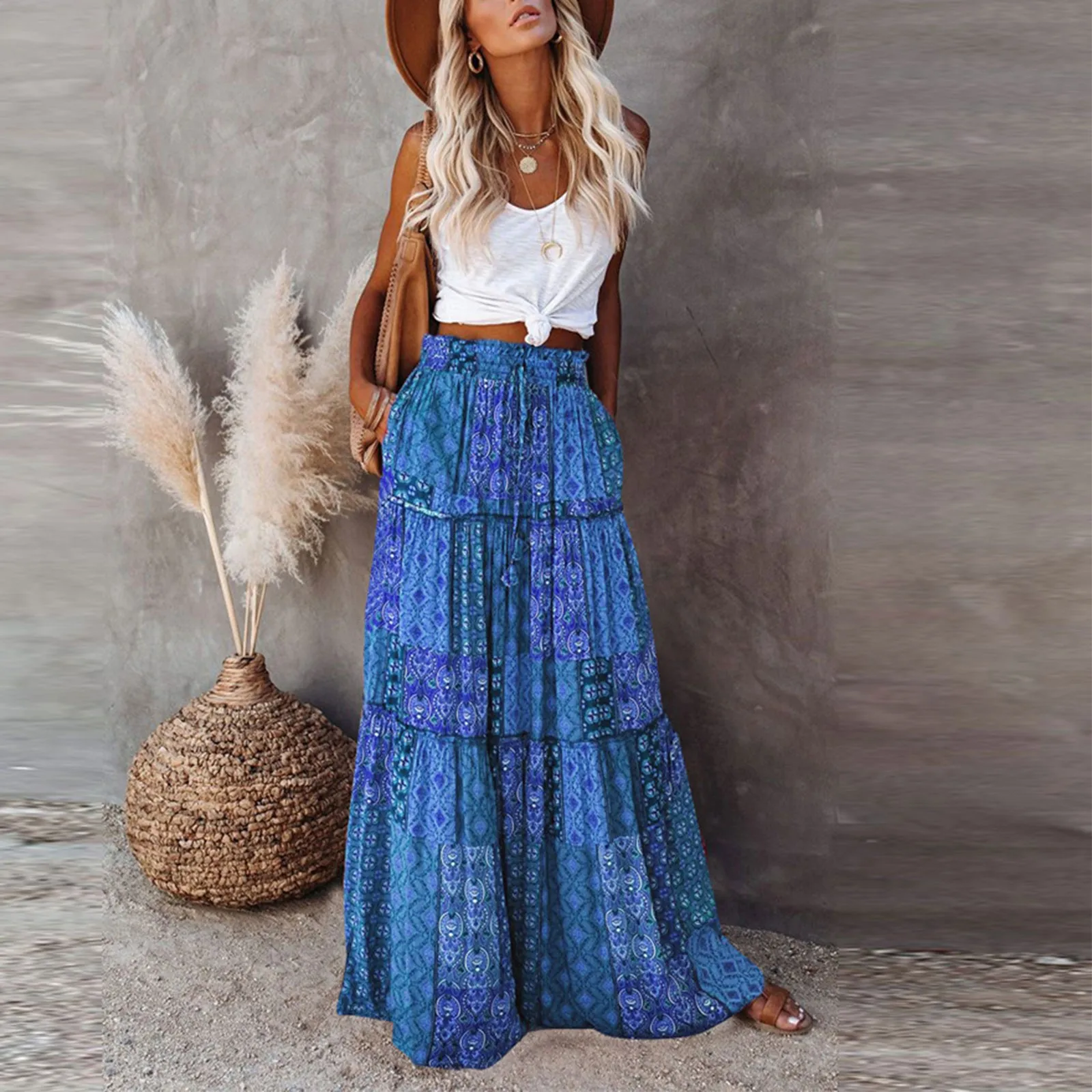 

Women's long skirt Fashion Bohemian Print Elastic Waist Skirt Loose Casual High Waist Tie Long Skirts Loose and comfortable saia