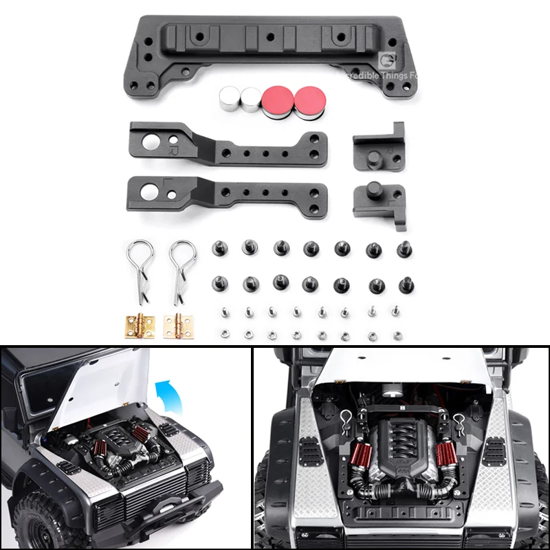 GRC Openable Cover Kit Engine Bay Bracket Cover Hinge Magnet Hull Column for 1/10 RC Crawler Car Traxxas TRX4 Defender Diy Parts