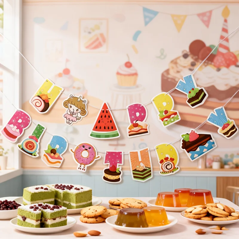 Fruit Donut Happy Birthday Banner Sweet Dessert Theme Letter Pull Flag Kids Birthday Party Background Home Decor Garland