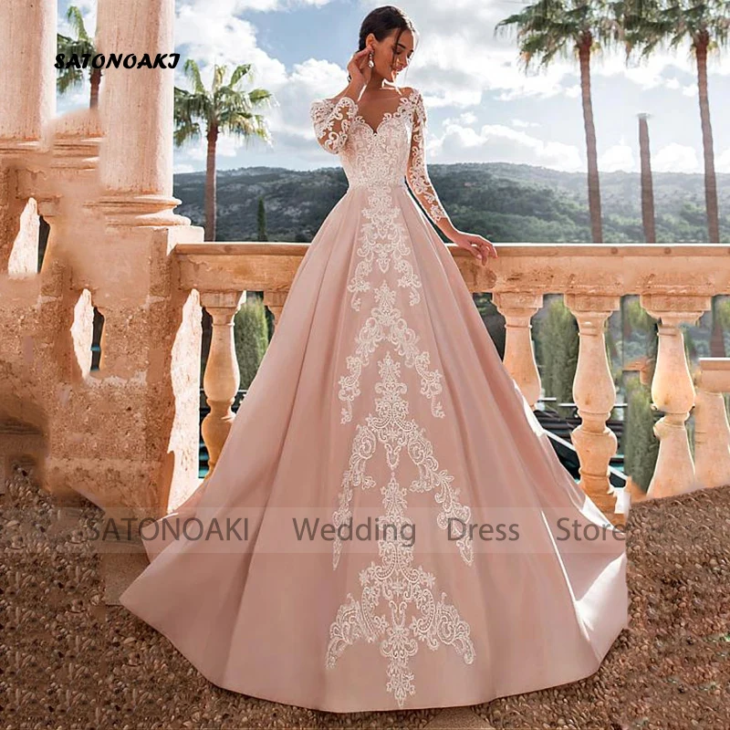 

Элегантное свадебное платье в стиле бохо с круглым вырезом по индивидуальному заказу, кружевное атласное свадебное платье трапециевидной формы с длинными рукавами и аппликацией, Vestidos De Novia