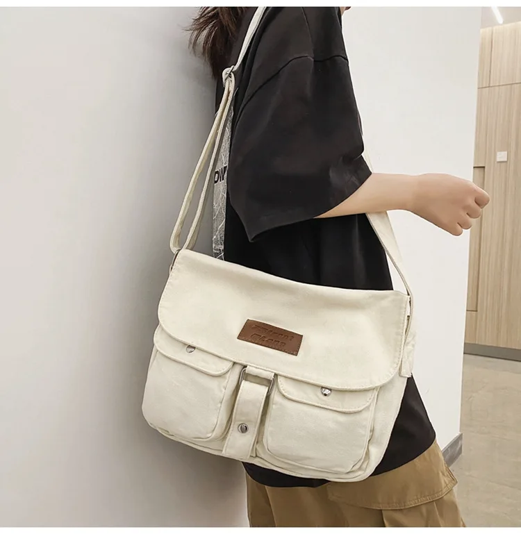 Retro Literary Style Cloth Bag Trendy Unisex Simple Style School Crossbody Multi-Pocket Canvas Shoulder Bag for Women