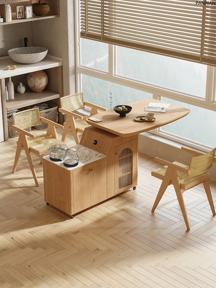 

Solid wood tea cart living room sofa side cabinet log wind multi-functional home balcony mobile tea table