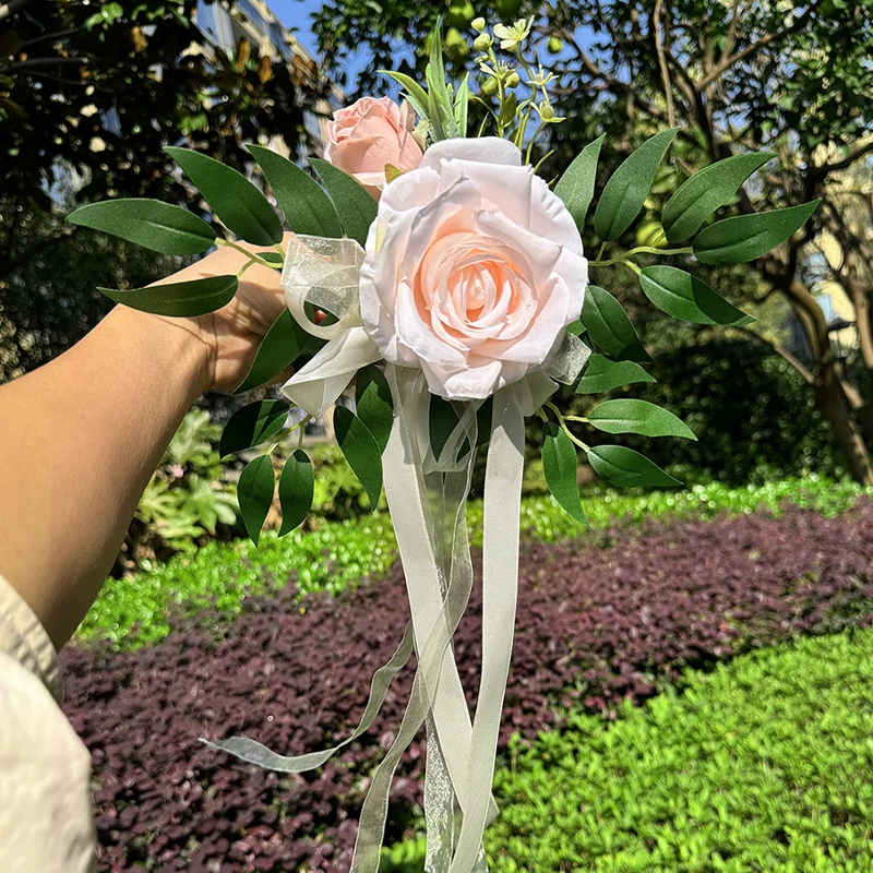 1PC Wedding Car Rearview Mirror Flower Artificial Rose Ribbon Wedding Aisle Backrest Flower Decoration Simulation Flower