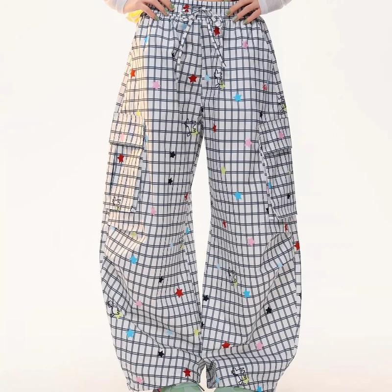 American Retro Plaid Multi-Pocket Women's Casual Pants Spring High-Waisted Colorful Star Versatile Floor-Length Trousers Ladies