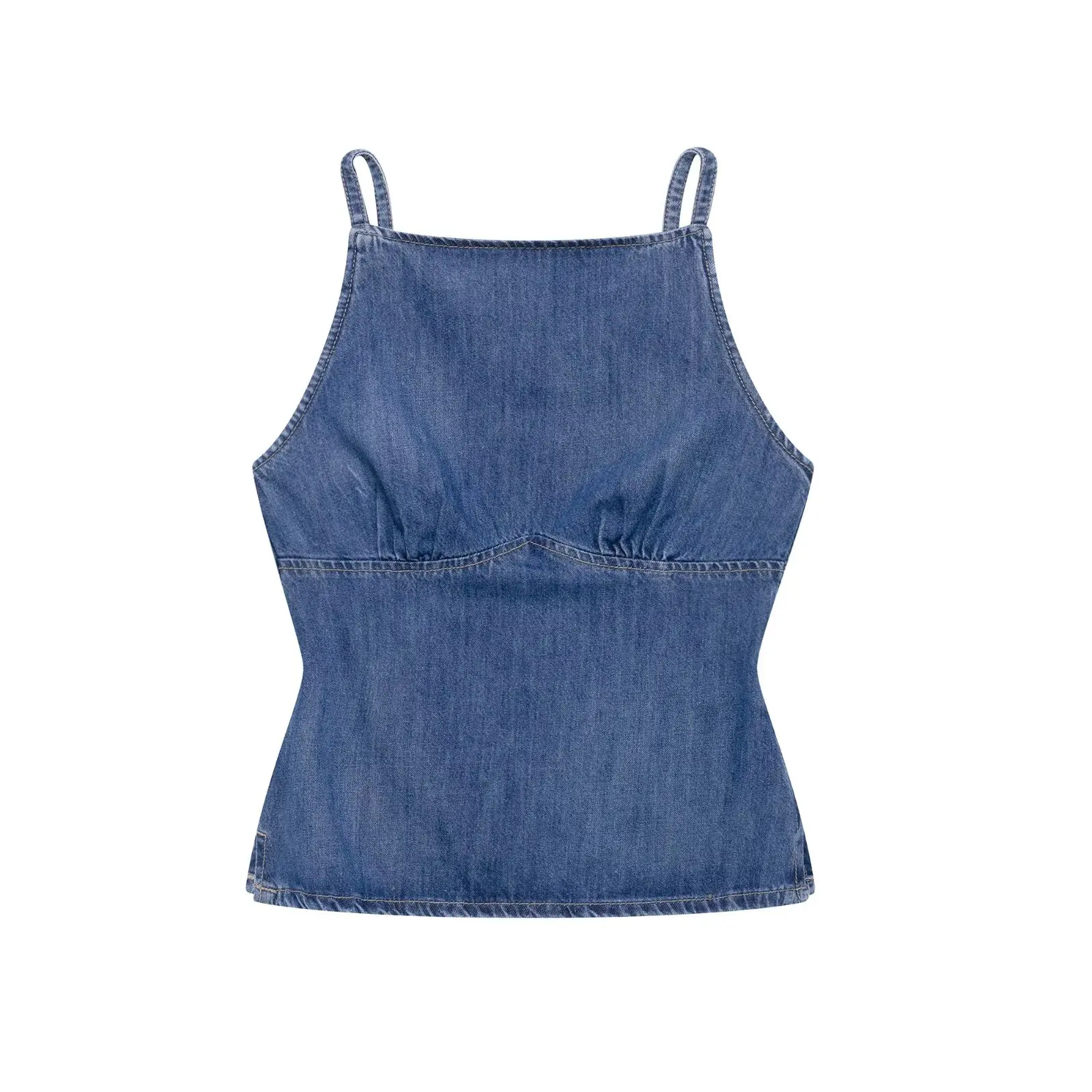 

PB&ZA Женский джинсовый топ на тонких бретельках с квадратным вырезом, рюшами на груди и приталенной талией для стильного образа