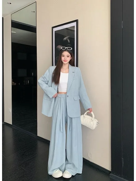 

plus Size Suit Pants And Blouse Set Women's Loose Fit Two Piece Korean Style Spring Fashion Ensemble High Waist Long Pants