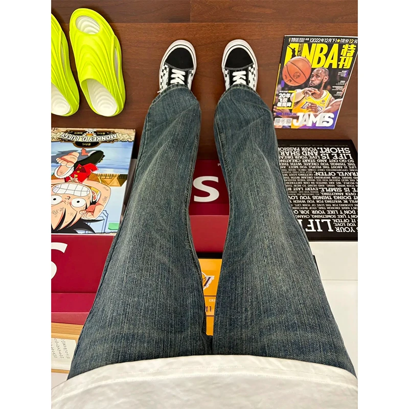 

Retro Blue Bamboo Knot Pattern Men's Jeans High Waist Straight Leg American Sle Spring Autumn Faionable Long Pants