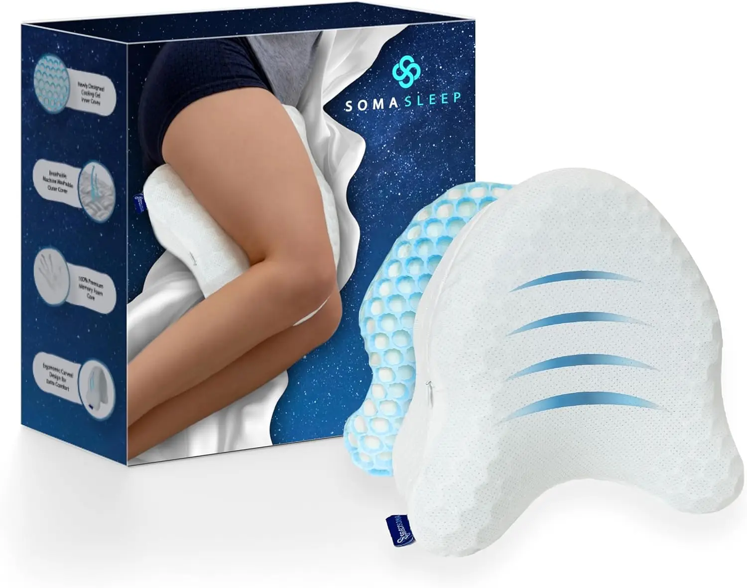 

Cooling Memory Foam Knee Pillow for Side Sleepers - Pain Relief in Sciatica, Back, Hips, Knees & Joints