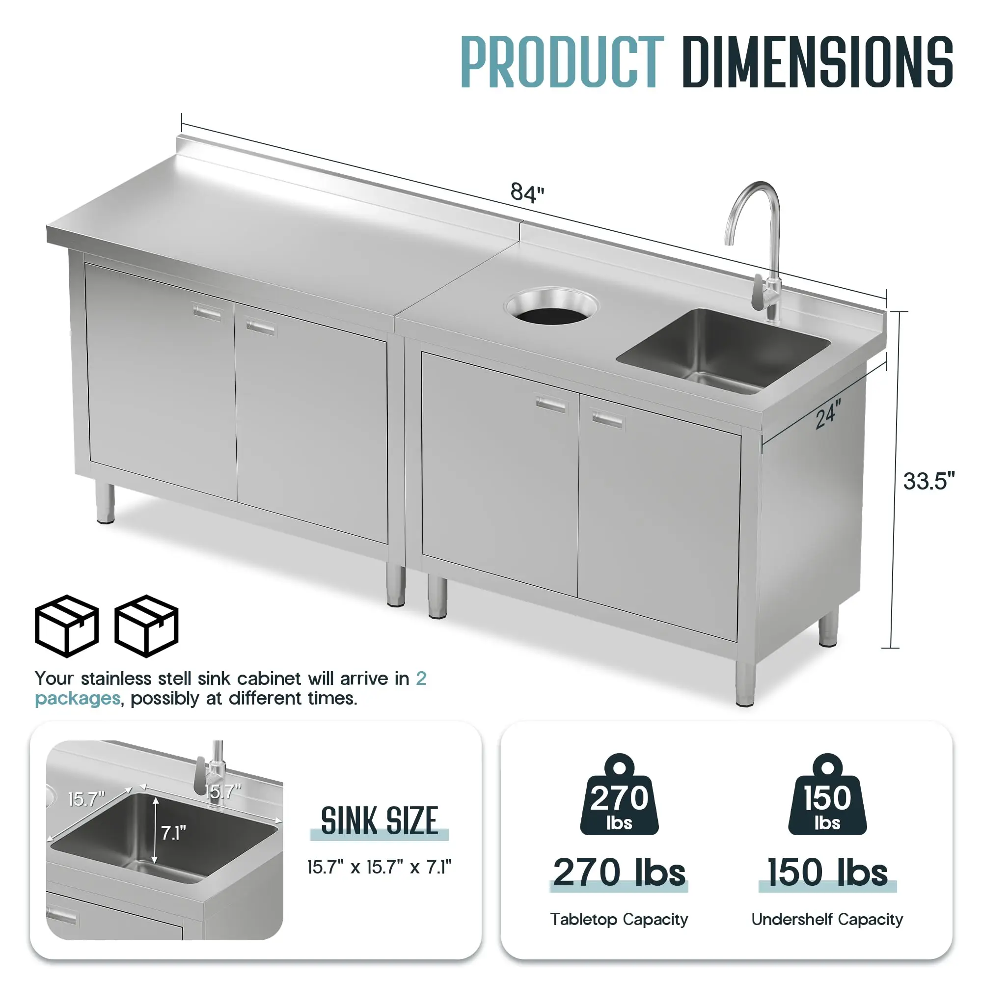 84 x 24 x 33.5 Inch Stainless Steel Utility Sink, Utility Sink Workstation with 360° Hot & Cold Faucet, Large Storage