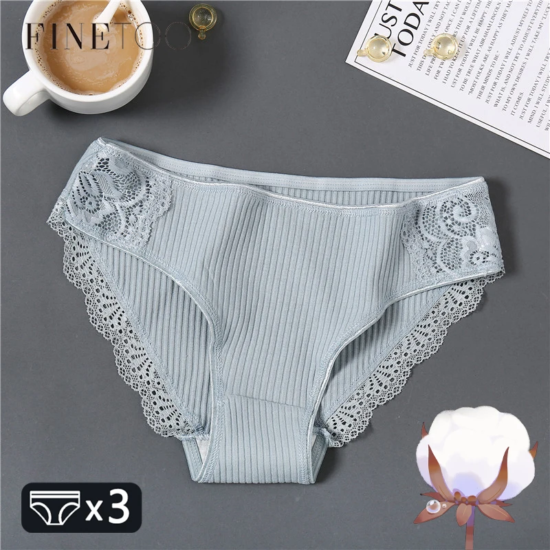 FINETOO Cotton Patchwork Lace Panties Women 3Pcs/set Comfortable Briefs M-2XL Ladies Low-Rise Underwear Soft Underpants Lingerie