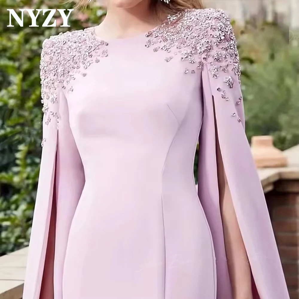 NYZY E464 Customized Chiffon Heavy Beaded Cape Long Sleeves Short Evening Dresses Pink 2025 Date Party Prom Formal Gowns