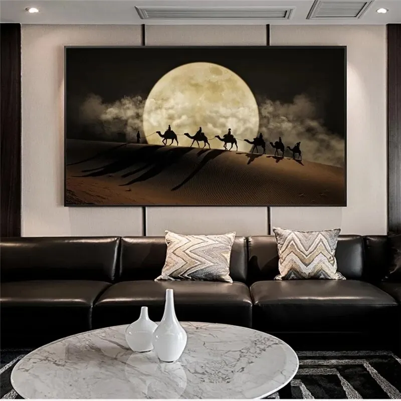 Desert Moon Night Scene Canvas Painting  Camel in Desert Wall Art Decor  Landscape Posters  Prints for Home