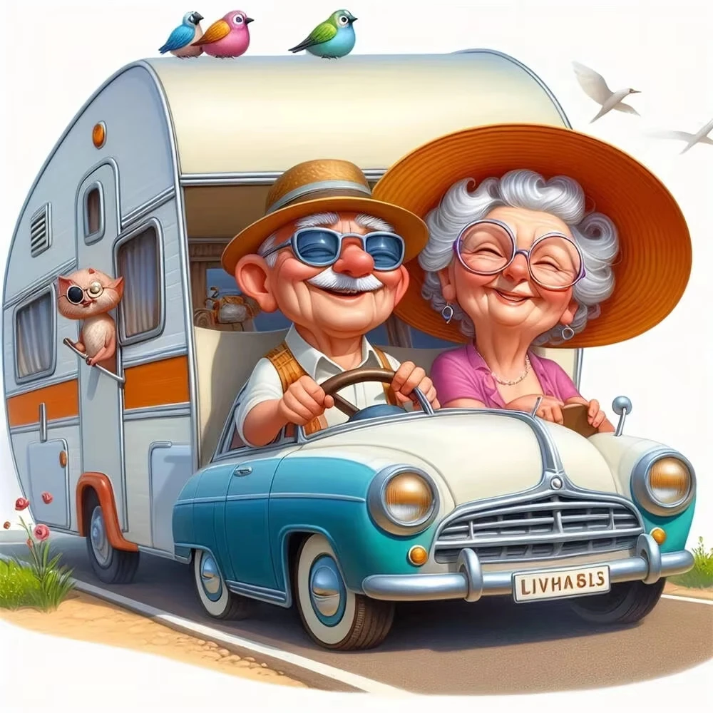 

Happy Old Couple on a Road Trip Jigsaw Puzzle, Whimsical Retirement Decor Family Activity Game for Home Decor Gift