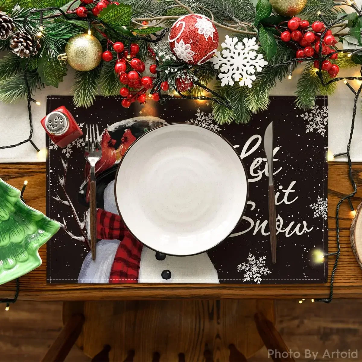 Black Snowman Let It Snow Winter Placemats Set of 4, 12x18 Inch Christmas Table Mats for Party Kitchen Dining Decoration
