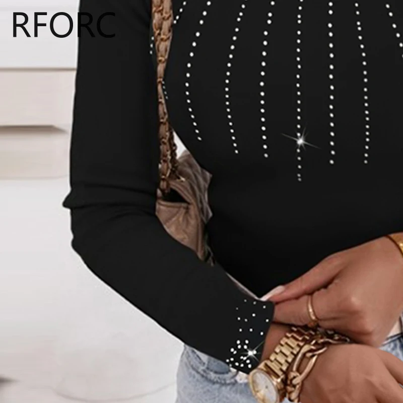 2023 Women Rhinestone Decoration Long Sleeves Turtleneck Casual Basic Black Blouse Top