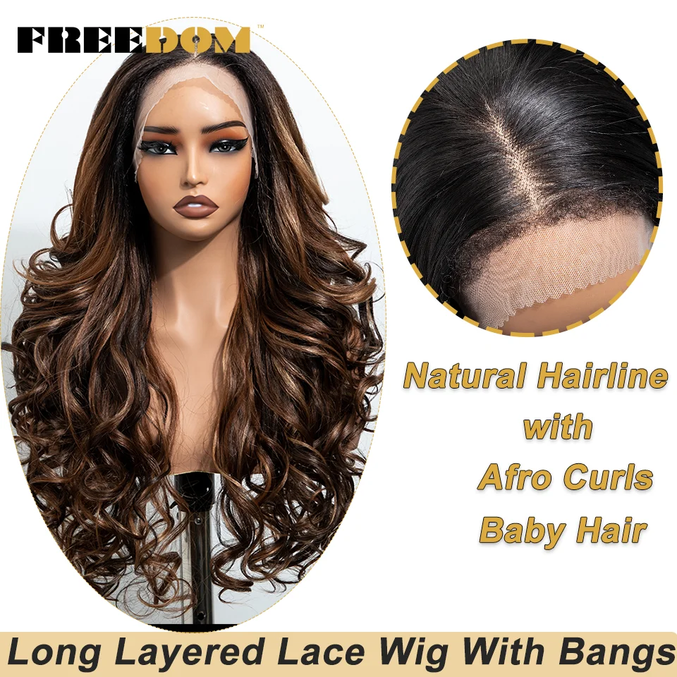 FREEDOM Lockige Synthetische Lace-Front-Perücken für Schwarze Frauen 24 Zoll Vorgezupfte Lace-Perücke Ombre Braun Blond Highlight Tägliche Perücke – Detail 8