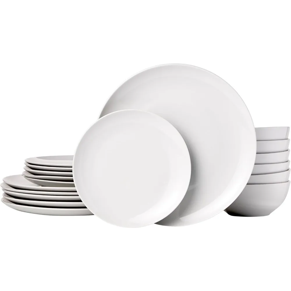 

Amazon Basics Dinnerware Set, Microwave and Dishwasher Safe, Service for 6, 18-Piece Complete Kitchen, Plates, Dishes, Bowls, Wh